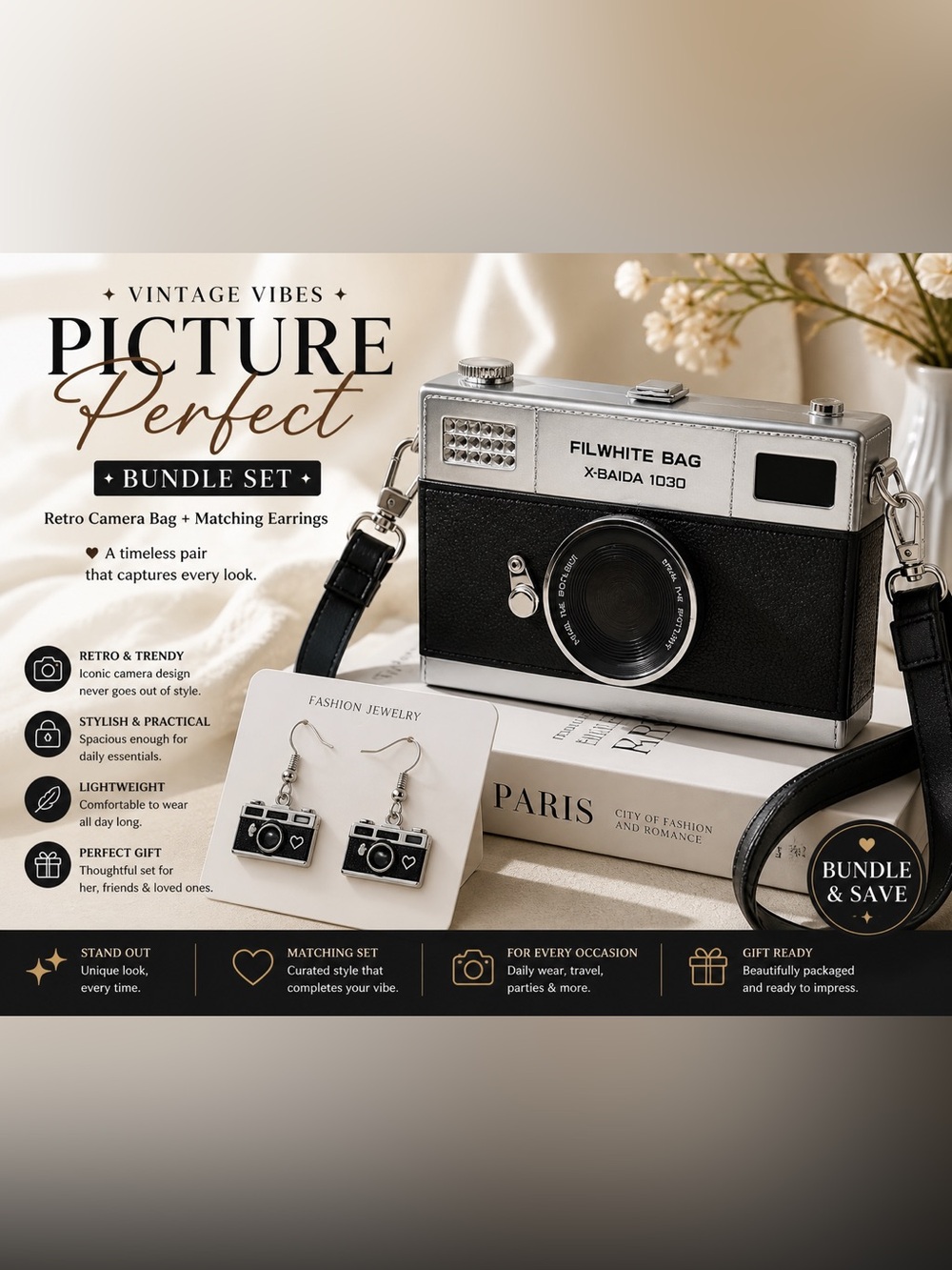 Vintage Camera Crossbody Bag + Matching Camera Earrings Retro Y2K Set